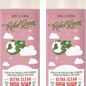 Rebel Green Super Deluxe Dish Soap – Natural Dishwashing Soap – Liquid Dish Detergent – Sustainable Dish Liquid Scented with Rose & Lemon – (16 oz Bottles, 2 Pack)