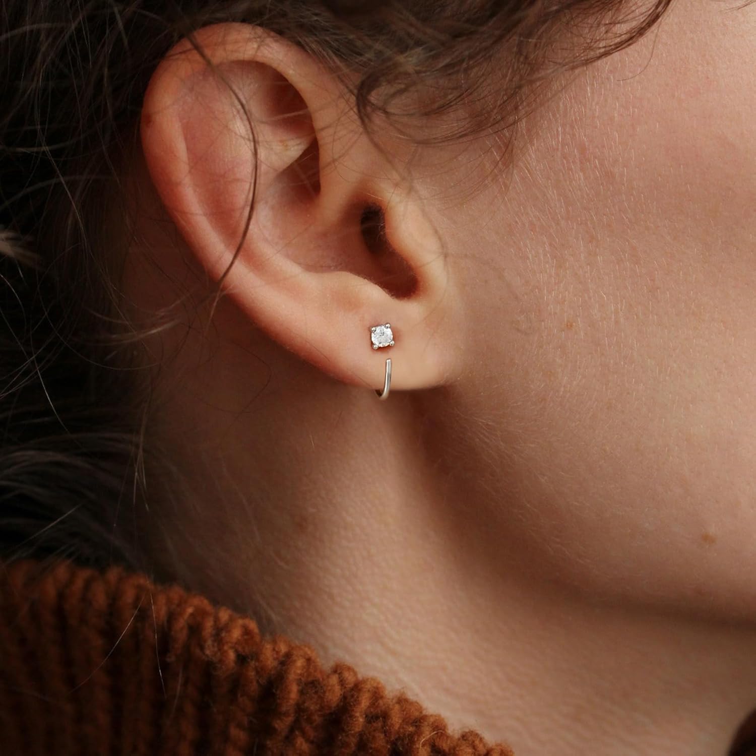 CHIC & ARTSY Threader Hoop Earring 925 Sterling Silver CZ Pull Through Hoop Earrings Small Open hoop Earrings Backless Earrings for Women - Image 3