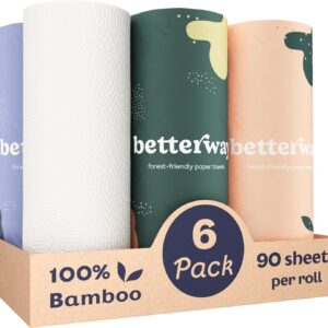 Betterway Bamboo Paper Towels – 6 Rolls, 2 Ply – Plastic Free, Disposable Kitchen Paper Towels – Select Size, Tree Free, Compostable, Strong & Absorbent, No Dyes – PFAS Free