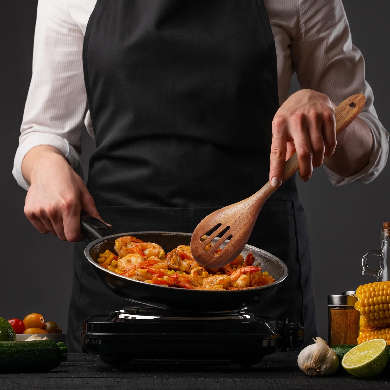 Acacia Wooden Spoons for Cooking: 5-Piece Kitchen & Cooking Utensils Set - Wooden Spatula, Slotted & Pasta Spoon - Essential Wooden Utensil Set - Image 6