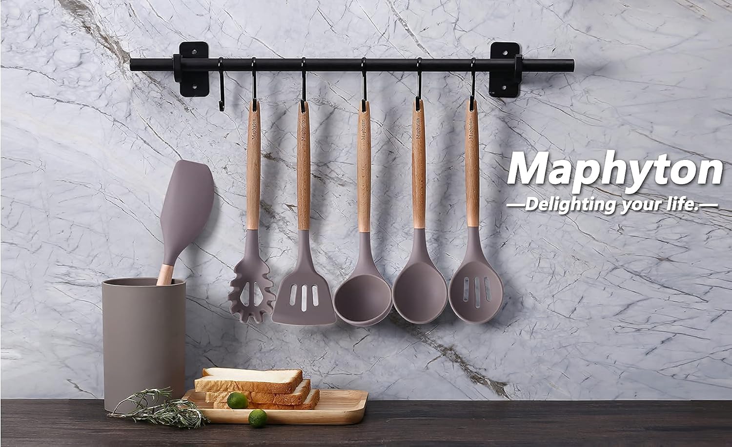 Mapthon Silicone Cooking Kitchen Utensils Set 6 PCS with Wooden Handle for Non-Sticker Cookware Heat-Resistant Kitchen Gadgets Serving Spoons, Slotted Turner, Spatula, Spaghetti Server(Grey) - Image 8