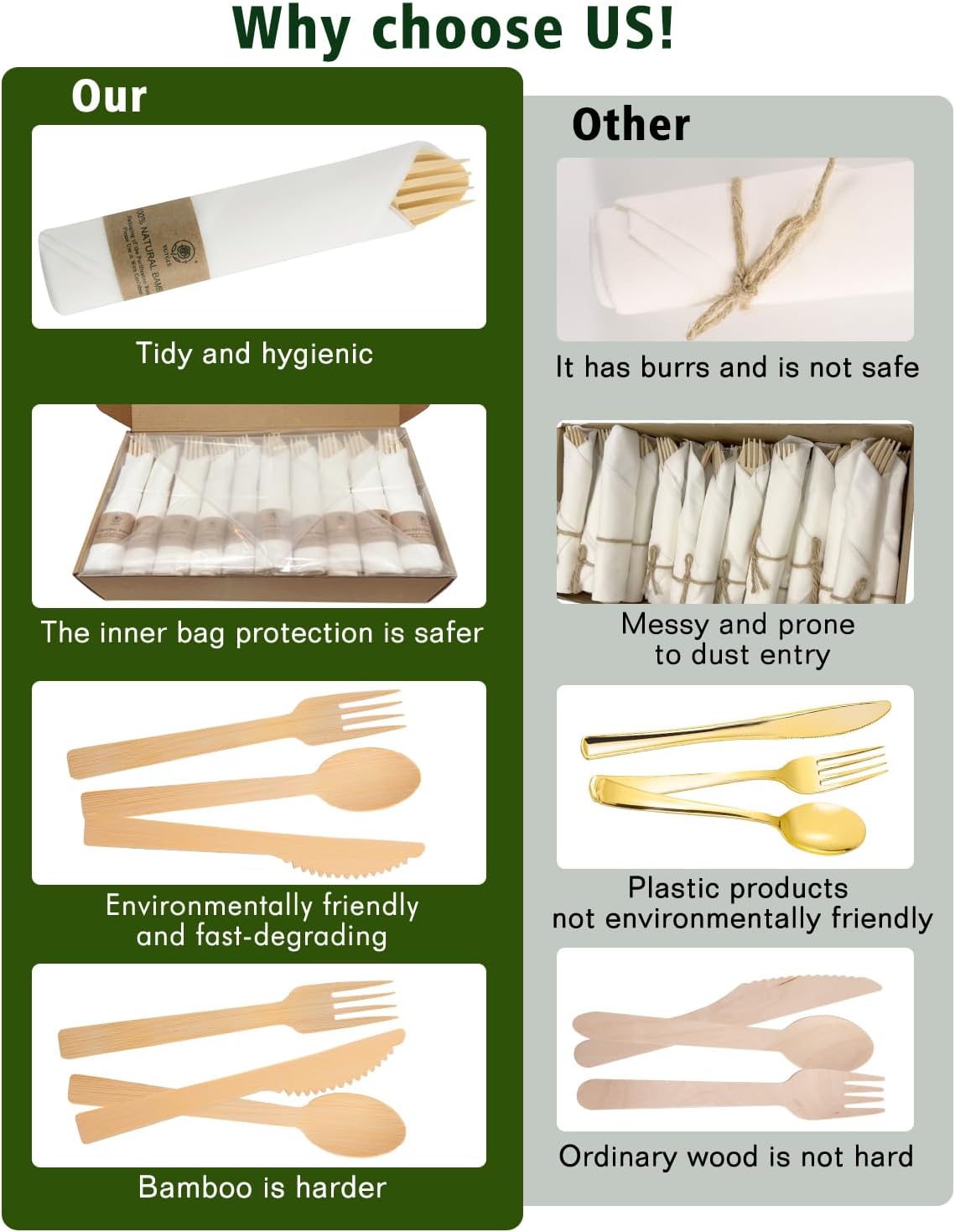 Bamboo Compostable Cutlery Set 50 Pack - Biodegradable Utensils with Forks, Knives, Spoons & Napkins - Eco Friendly Disposable for Wedding, Party & Camping - Image 5