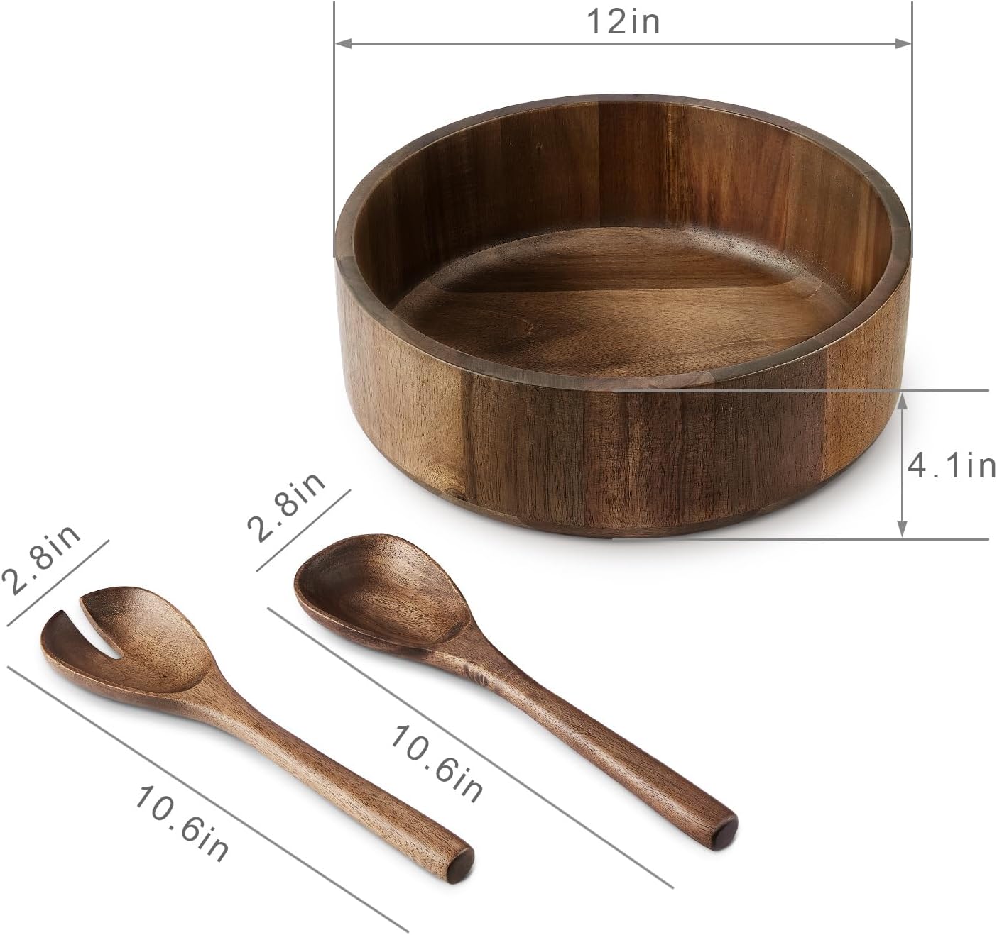 Wooden Salad Bowl, Acacia Walnut Wood Salad Bowl Set, 12 * 4.3 inch Large Natural Wooden with Fork and Spoon,Premium Eco-Friendly 346oz /10.8qt for Kitchen,Dining,Serving & Mixing Food - Image 4