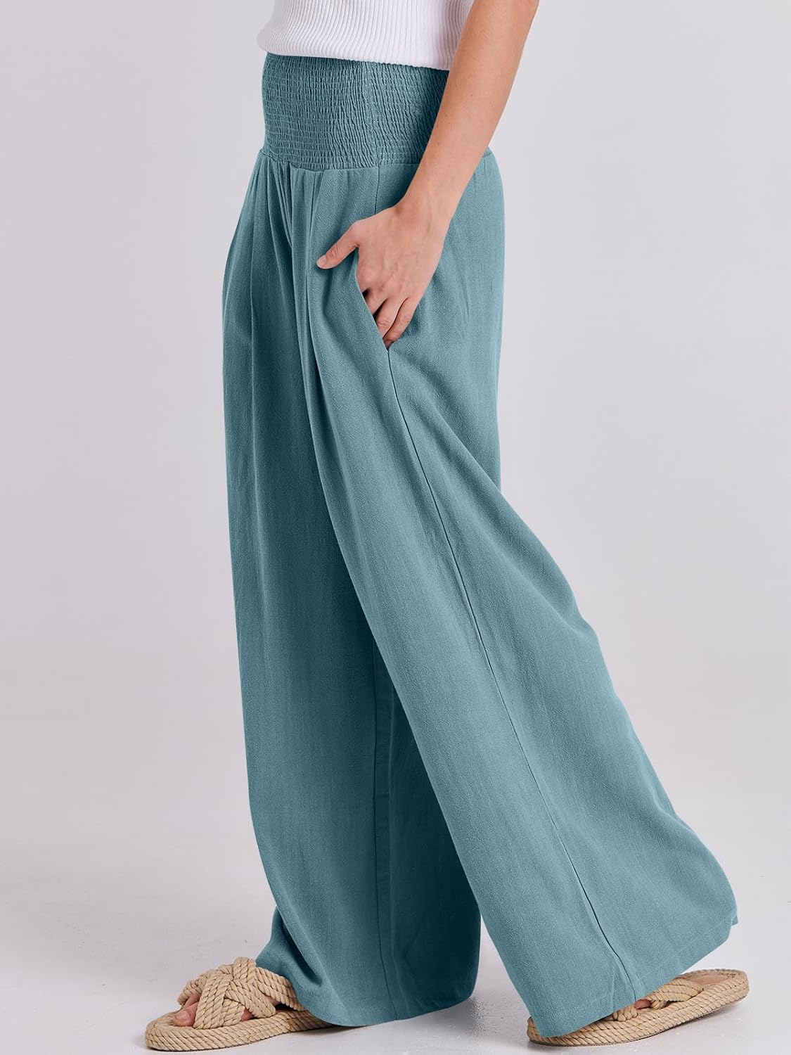 ANRABESS Women Linen Palazzo Pants Summer Boho Wide Leg High Waist Casual Lounge Pant 2025 Beach Travel Vacation Outfits - Image 8