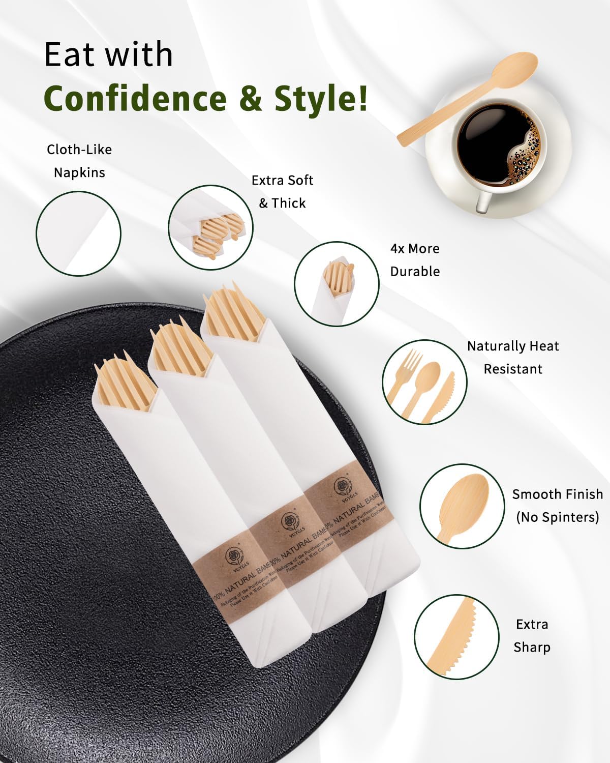 Bamboo Compostable Cutlery Set 50 Pack - Biodegradable Utensils with Forks, Knives, Spoons & Napkins - Eco Friendly Disposable for Wedding, Party & Camping - Image 3