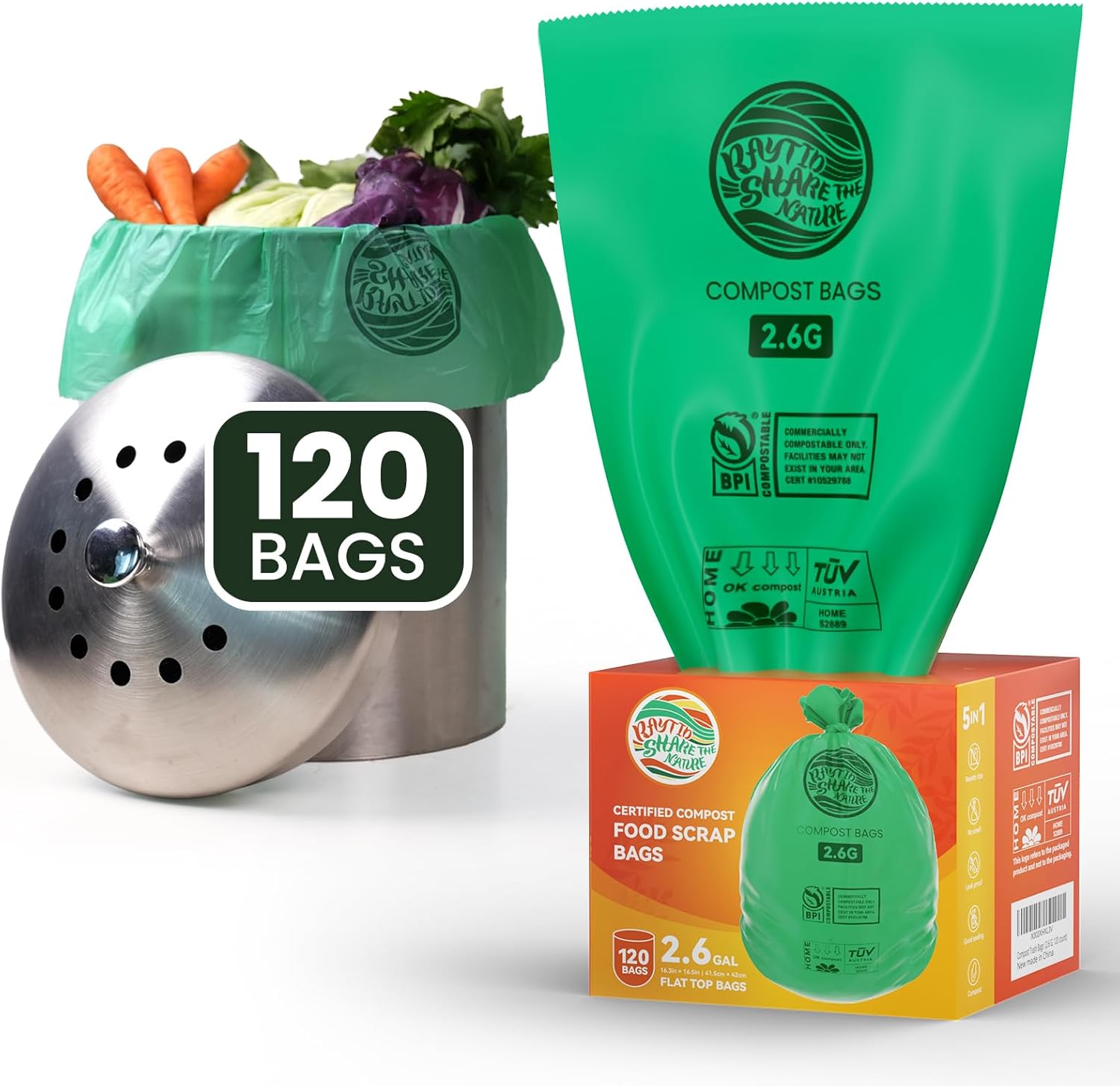 RAYTID Compostable trash Bags 2.6 Gallon Compost Bags for Kitchen Countertop Bin 1.3,2,3, Gallon, 120 Count,Small Kitchen Food Scrap Waste Bags,ASTM D6400, US BPI & Europe OK Compost Home Certified - Image 2