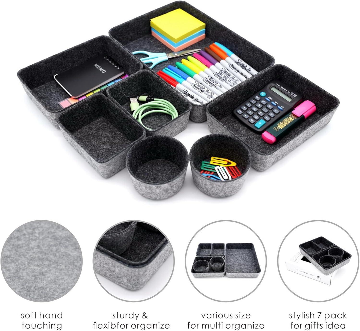 Welaxy Drawer organizer felt trays desk storage bins dividers small drawers organizing box for office supplies interior cozy decor catchall entryway key holder 7-piece back to school (Charcoal) - Image 5