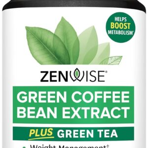 Zenwise Health EGCG Green Tea Extract Capsules with Coffee Bean Extract – 50% EGCG + 98% Polyphenols Supplement – Green Tea Pills for Skin and Heart Support + Brain Health and Memory Boost – 60 Count