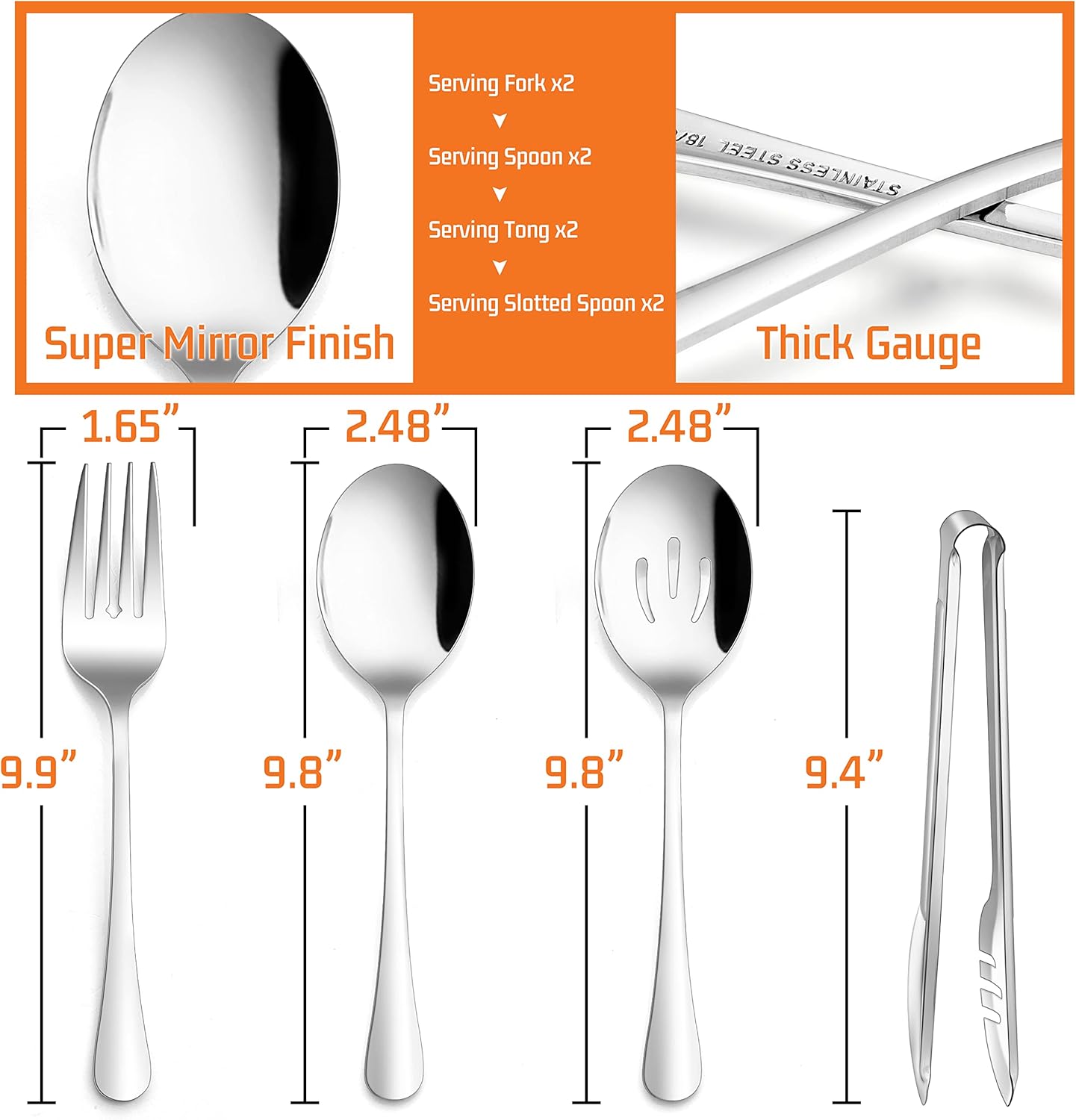 E-far Large Serving Utensils Set of 8, Stainless Steel 9.8 Inch Serving Spoons Slotted Spoon, 9.9 Inch Serving Fork, 9.4 Inch Serving Tong for Buffet Catering Banquet, Mirror Finish & Dishwasher Safe - Image 3