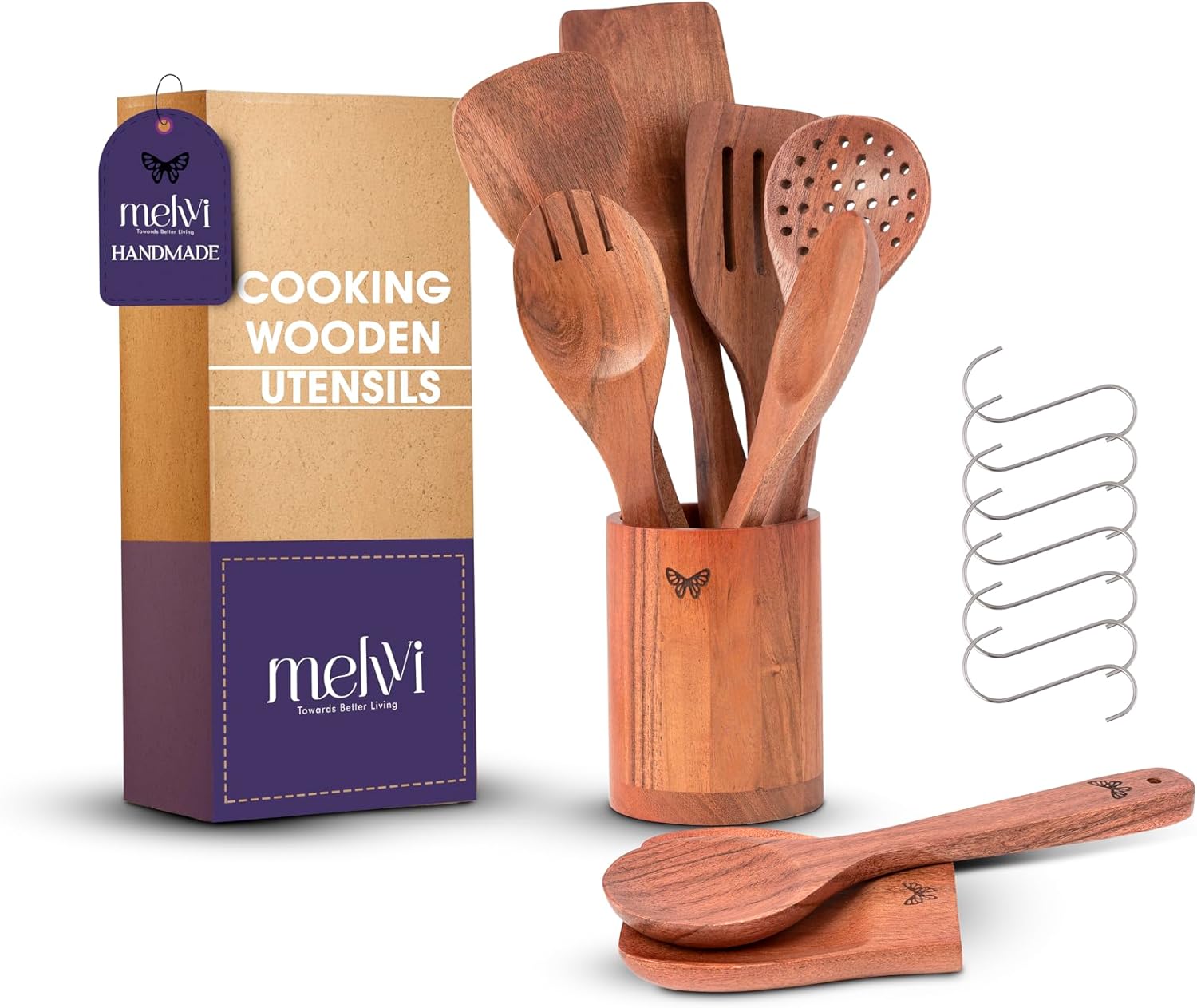 Wooden Kitchen Cooking Utensils Set | 9 Piece Spatula Set with Spoon Rest, Holder & 7 Hooks | Acacia Wood Non Toxic Serving Spoons - Image 7