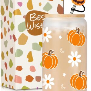 Halloween Pumpkin Fall Daisy Glass Cup – 16 oz Pumpkins Daisy Mug, Iced Coffee Glass Tumbler, Fall Floral Cup, Halloweens Tumbler, Autumn Drinkware, Unique Halloween Gifts for Women Teens