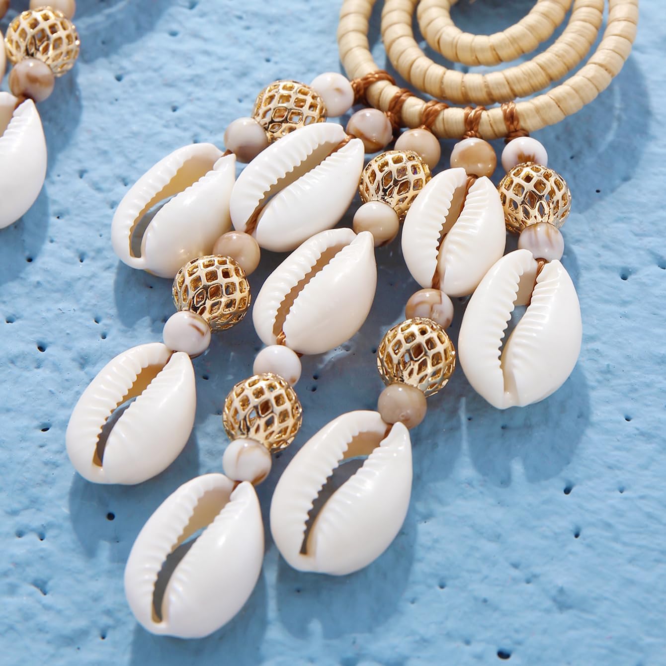 BOCAR Statement Boho Rattan Shell Dangle Earrings for Women Handmade Summer Vocation Beach Tropical Accessories Jewelry Gift (ER-1013-Beige) - Image 7