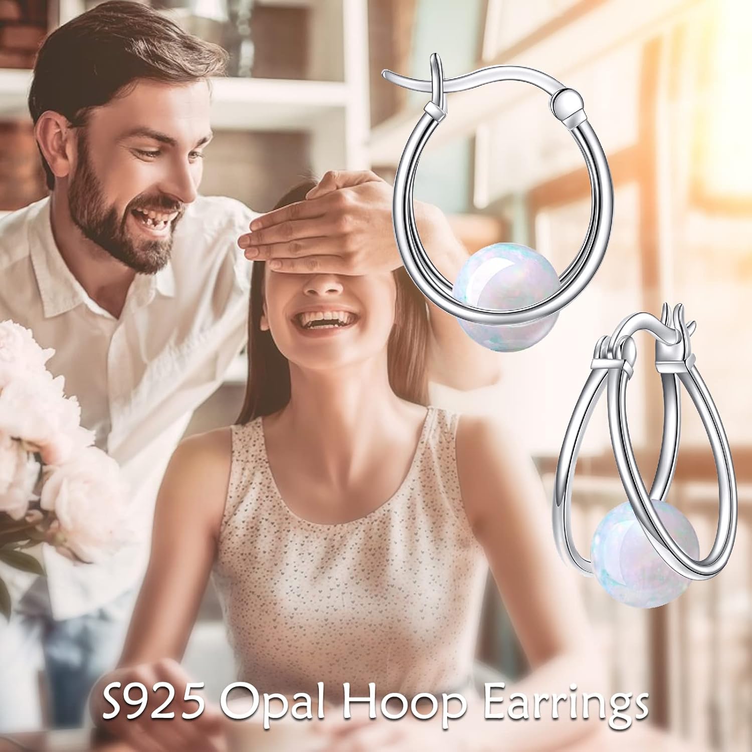 Gemstone Double Hoop Earrings for Women Sterling Silver Pearl Moonstone Turquoise Black Onyx Jade Opal Lapis Lazuli Earrings for Women - Image 3