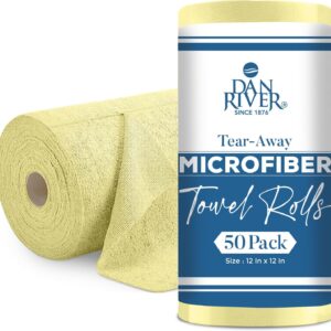 DAN RIVER Microfiber Cleaning Cloth Roll-50PK, Reusable Paper Towels Yellow Tear Away Cleaning Towels, Microfiber Towels Washable Shop, Lint Free Cleaning Rags for House, Kitchen, Window-11.5″×11.5″