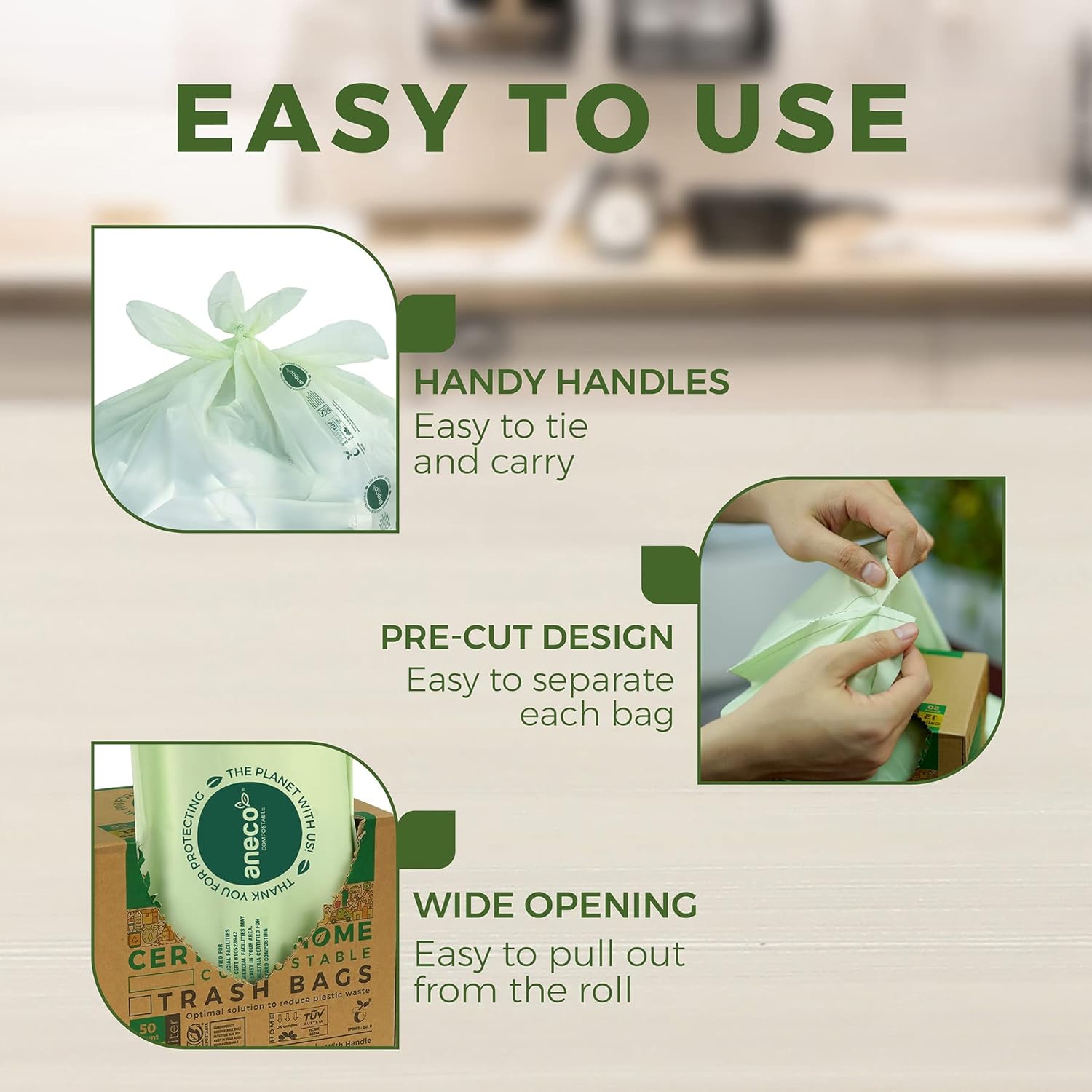 ANECO Compostable Food Waste Bags 13 Gallon, 50 Count, Extra Thick Kitchen Compost Bags With Handles, Large Compostable Bags for Tall Kitchen Bin - Image 5