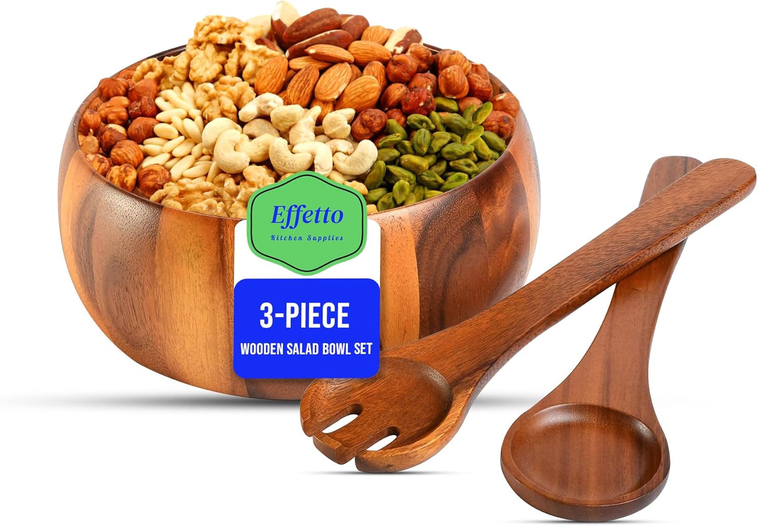 Effetto Acacia 3-Piece Wooden Salad Bowl Set | Large Serving Bowl with Salad Spoon and Fork Serving Utensils | Food Safe & Sustainable Big Mixing Bowl for Fruits, Salad, Cereal, Soup and More - Image 2