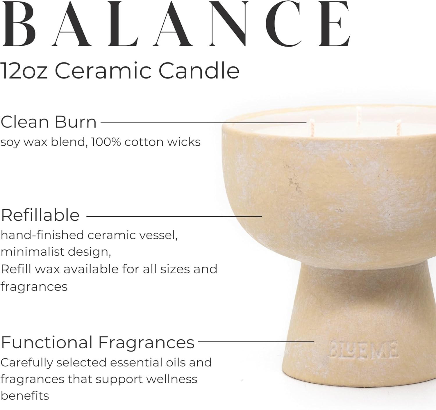 BLUEME Balance-White Lotus & Tea, 3 Wick, Refillable Wellness Candle, Contains Essential Oil, Sustainable, Hand Finished, Hand Poured, Premium, Luxury Ceramic, Natural Cotton Wick, Soy-Wax Blend - Image 5