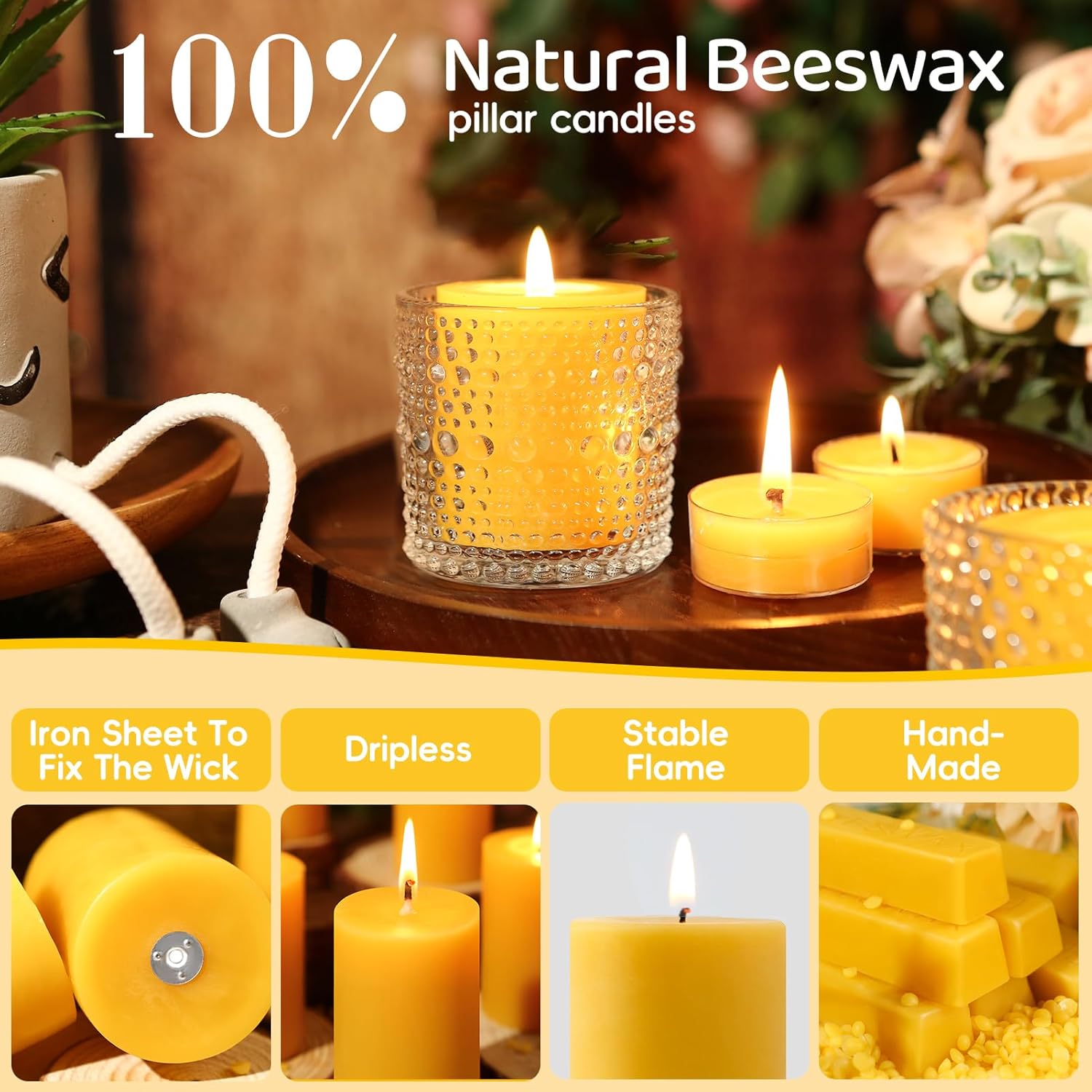 4 Pack Natural Beeswax Pillar Candles,2x2in 100% Pure Beeswax Candles-80 Hours Long Burning,Unscented Bees Wax Candles for Home,Prayer,Emergency,Dripless Smokeless Organic Pillar Candles Bluk - Image 5