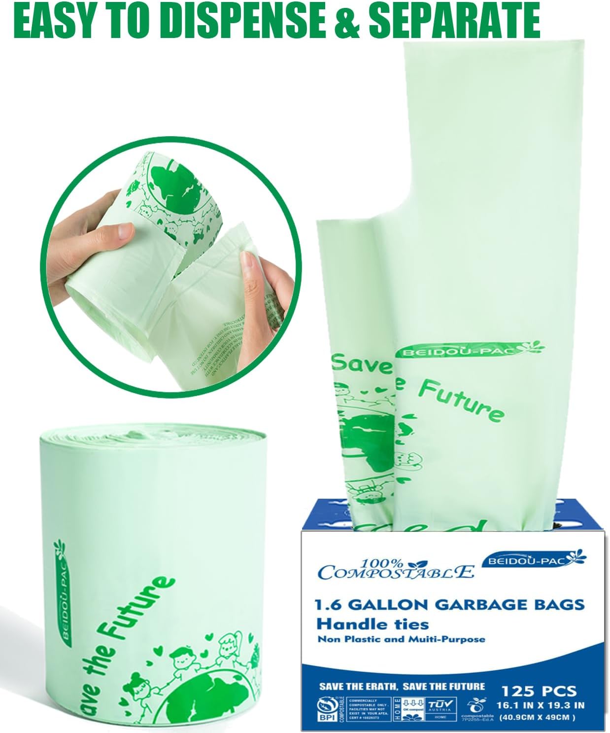 1.6 Gallon Compostable Trash Bags with Handle, 125 Count Small Compost Bags, Biodegradable Kitchen Garbage Bags, Food Scrap Waste Bags for Countertop Bin, ASTM D6400, US BPI Certified - Image 8