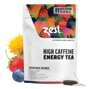 Zest Energy Green Tea – Superberry Samba – High Caffeine Strawberry, Acai, & Passion Fruit Tea – Caffeinated Coffee Altnernative with Antioxidants – Natural, Non-GMO & Keto – 20Ct Pack – 135mg Caf