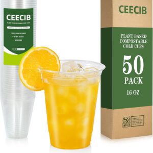 100% Compostable Clear Cold Cups [16 oz, 50 Pack] | Plant-Based Transparent Disposable Sustainable Eco-friendly Drinking Party Cups for Iced Coffee, Smoothie & Cold Drinks (50)