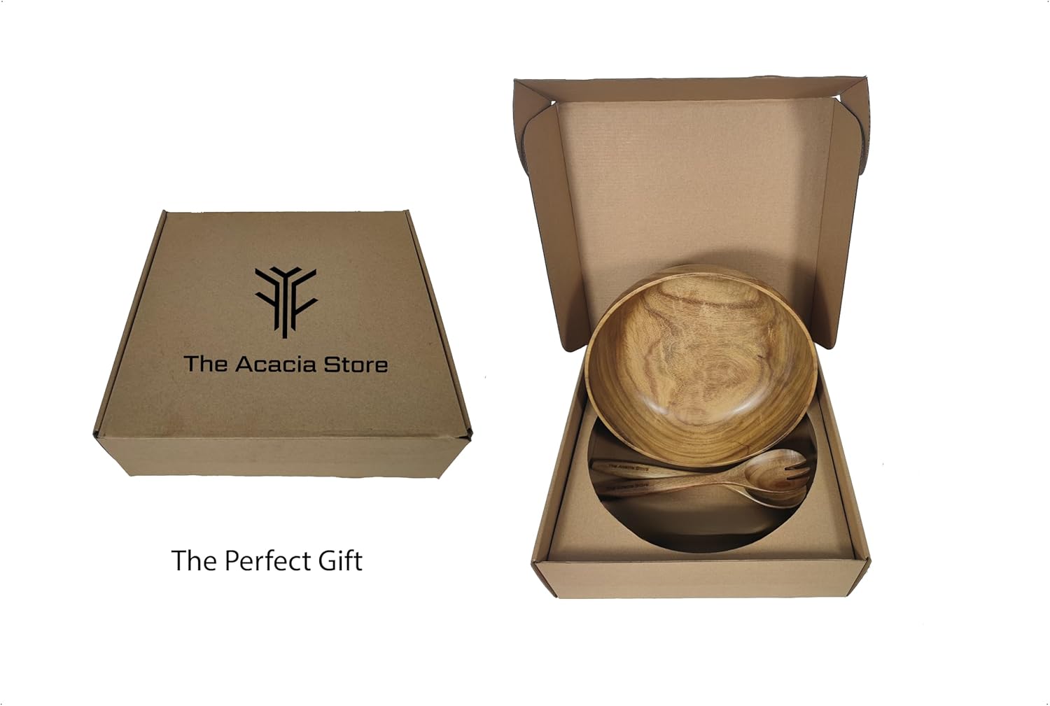 11.5 inches Acacia Wood Salad Bowl Set with 1 set spoon and fork, in a gift box, made from one pc solid acacia wood, made in Vietnam. - Image 4