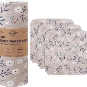 Paper Towels Washable Roll: 25Pack Cotton Cloth Paper Towels 11.8×11.8In Absorbent Soft Flannel Paperless Towels Alternative for Kitchen Reusable Napkins Zero Waste (Flower, Large)