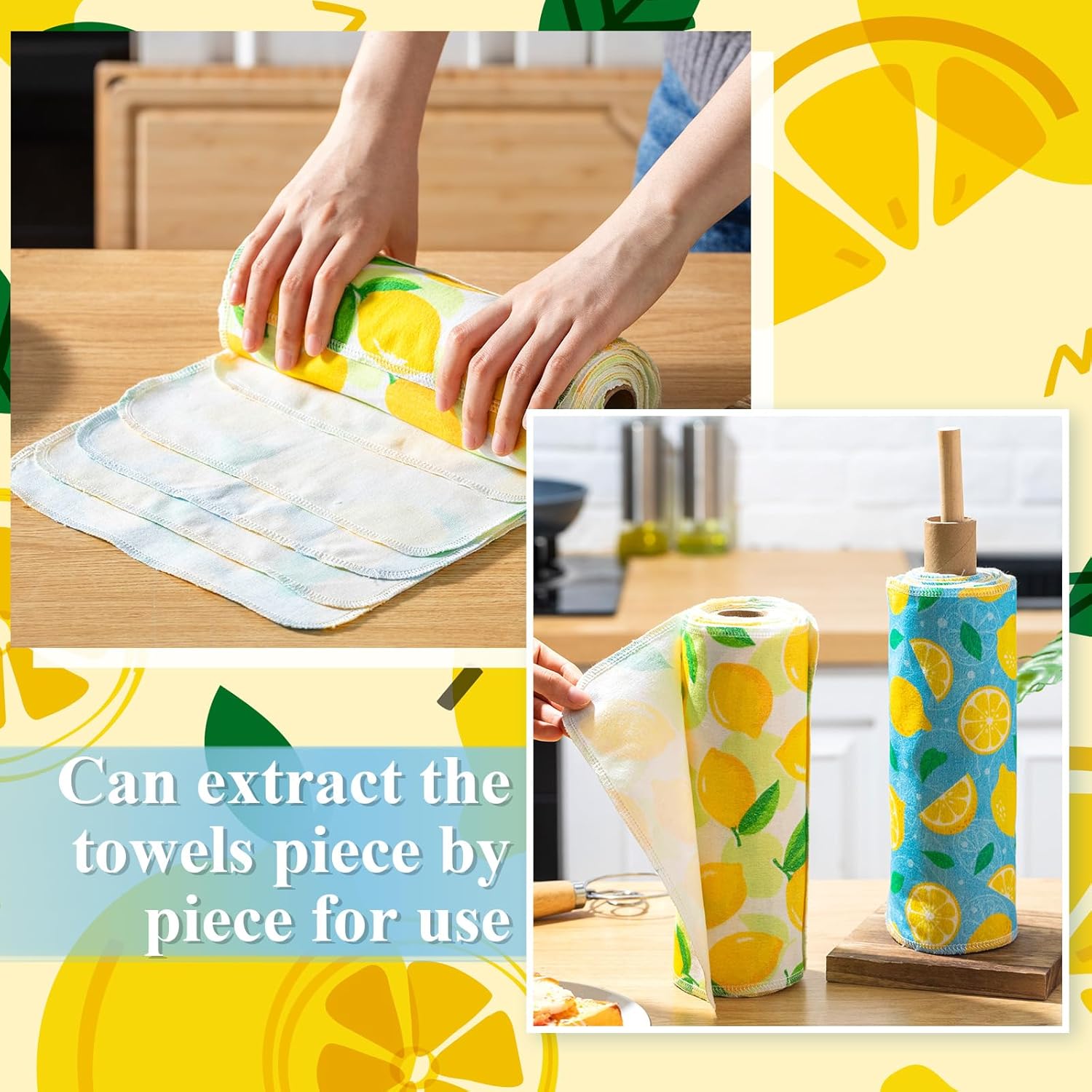 Redbaker 50 Pcs Reusable Paper Towels Paperless Reusable Cotton Cloths Toilet Absorbent Washable Paper Towels with Roll Kitchen Dishcloth for Kitchen Paperless Dishcloths(Lemon) - Image 3