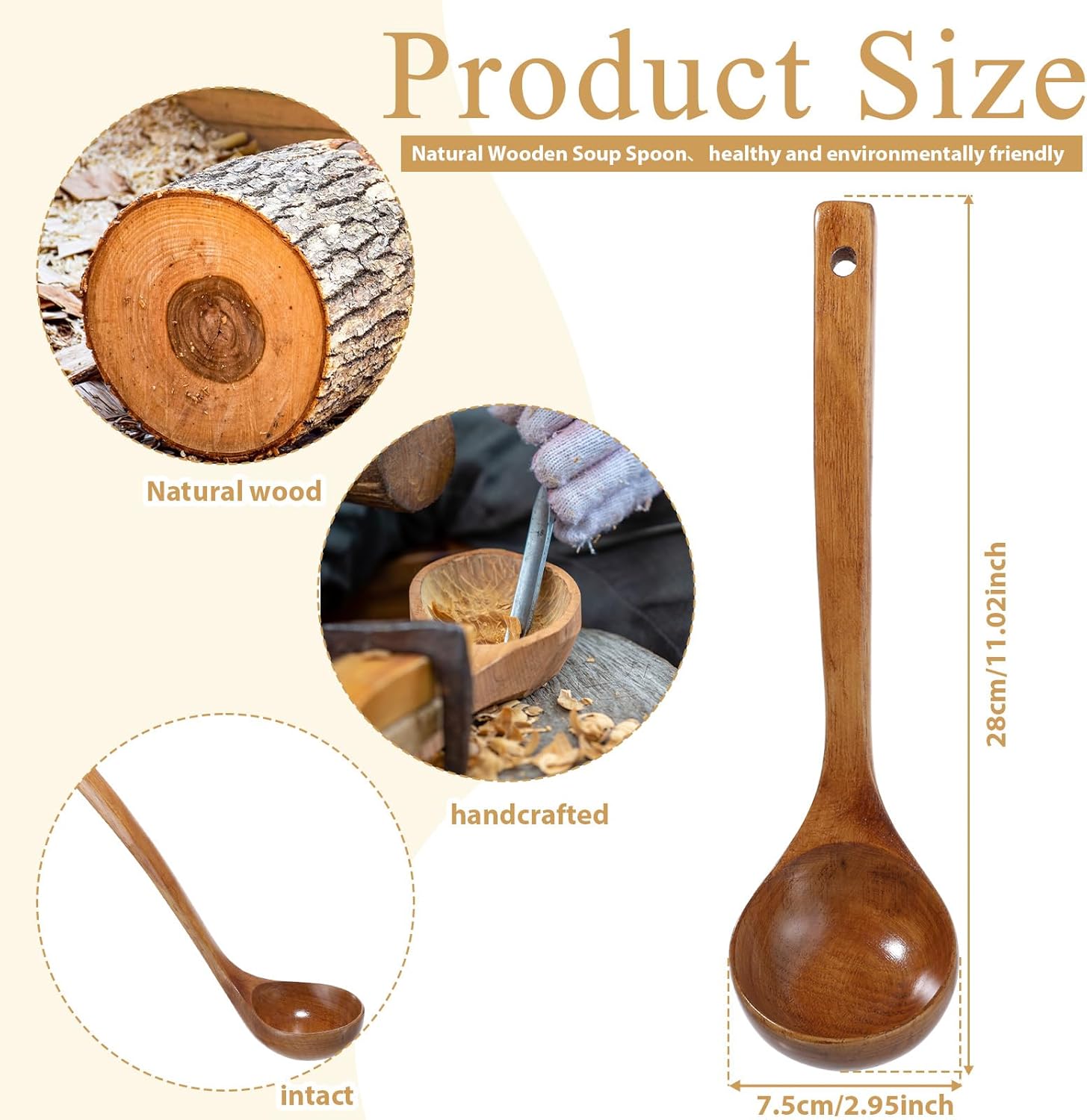 Wooden Ladle, 11" Long Handle Soup Ladle Spoon Large Kitchen Wooden Scoop Deep Teak Wood Spoon Utensil for Cooking Serving Cookware, Sustainable Natural Texture - Image 4