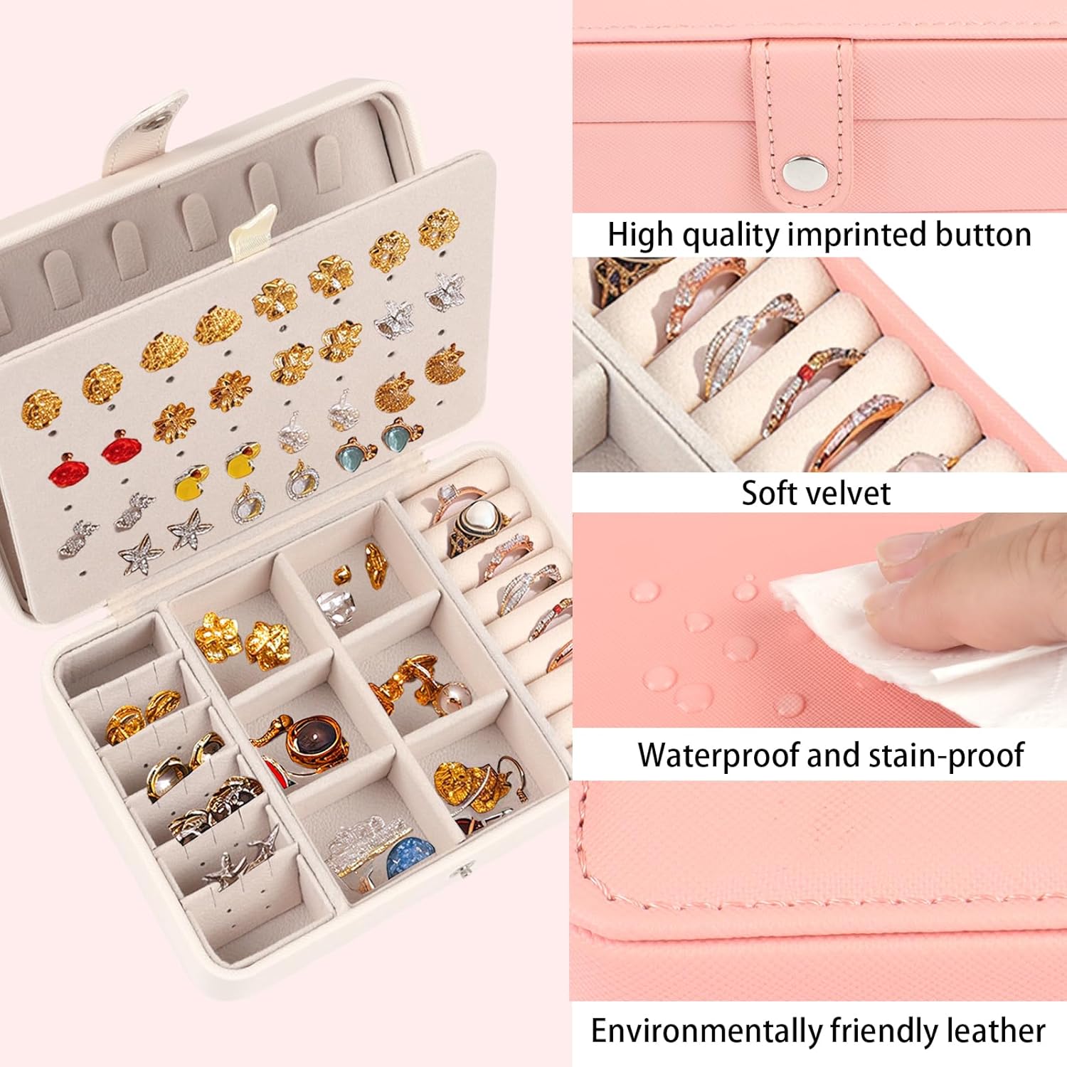 Travel Jewelry Box for Women - Pink PU Leather Portable Travel Jewelry Case with Earring Holder & Multi-Layer Organizer, Stylish Small Jewelry Storage Gift for Girls on The Go - Image 6