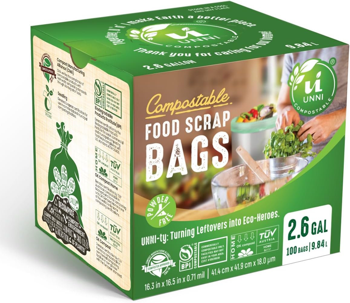 UNNI Compostable Trash Bags, 2.6 Gallon / 9.84 Liter, 100 Count, Extra Thick 0.71 Mil Small Kitchen Food Scrap Bin Liners, Certified by BPI, CMA & OK compost HOME, Meets the ASTM D6400 Standard - Image 7