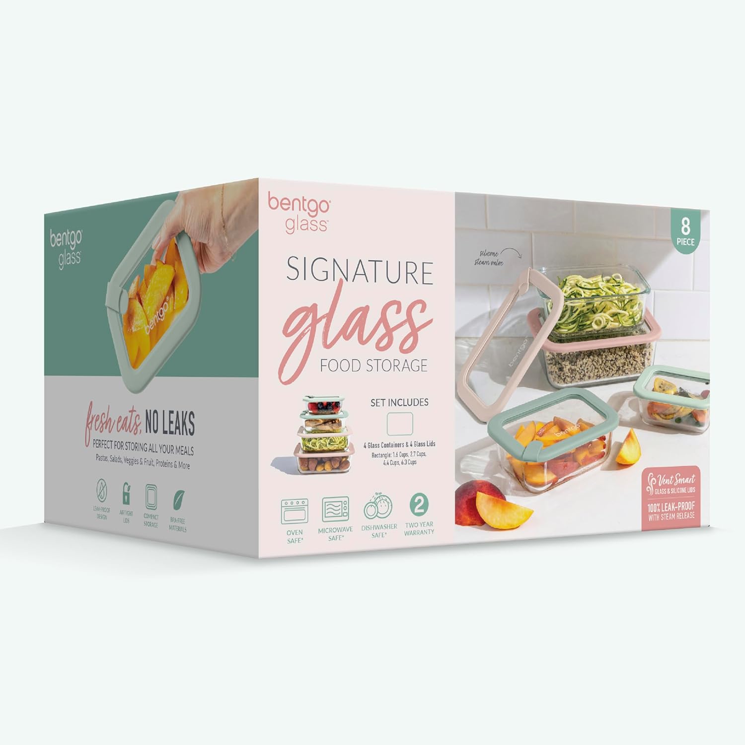 Bentgo Signature Leak-Proof Glass Food Storage - 8-Piece Set, 1-Compartment Plastic-Free Containers with Airtight Glass Lids, BPA-Free, Microwave, Freezer, Oven & Dishwasher Safe (Desert Sage) - Image 8