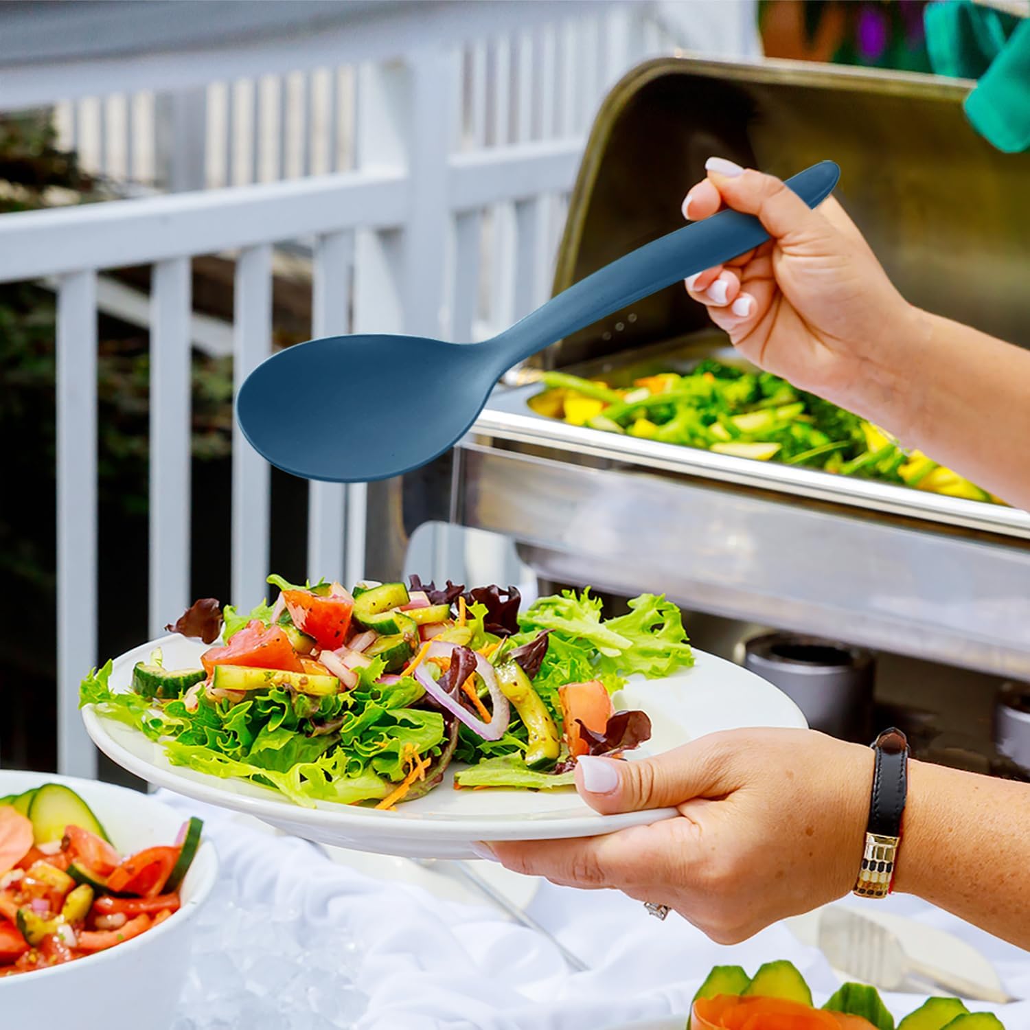 Reusable Plastic Serving Utensils Set of 12, Wheat straw Large Serving set 10" Serving Spoons/10" Slotted Spoons/9.4" Tongs, for Party Buffet Catering (Ocean, Not for Cooking) - Image 7