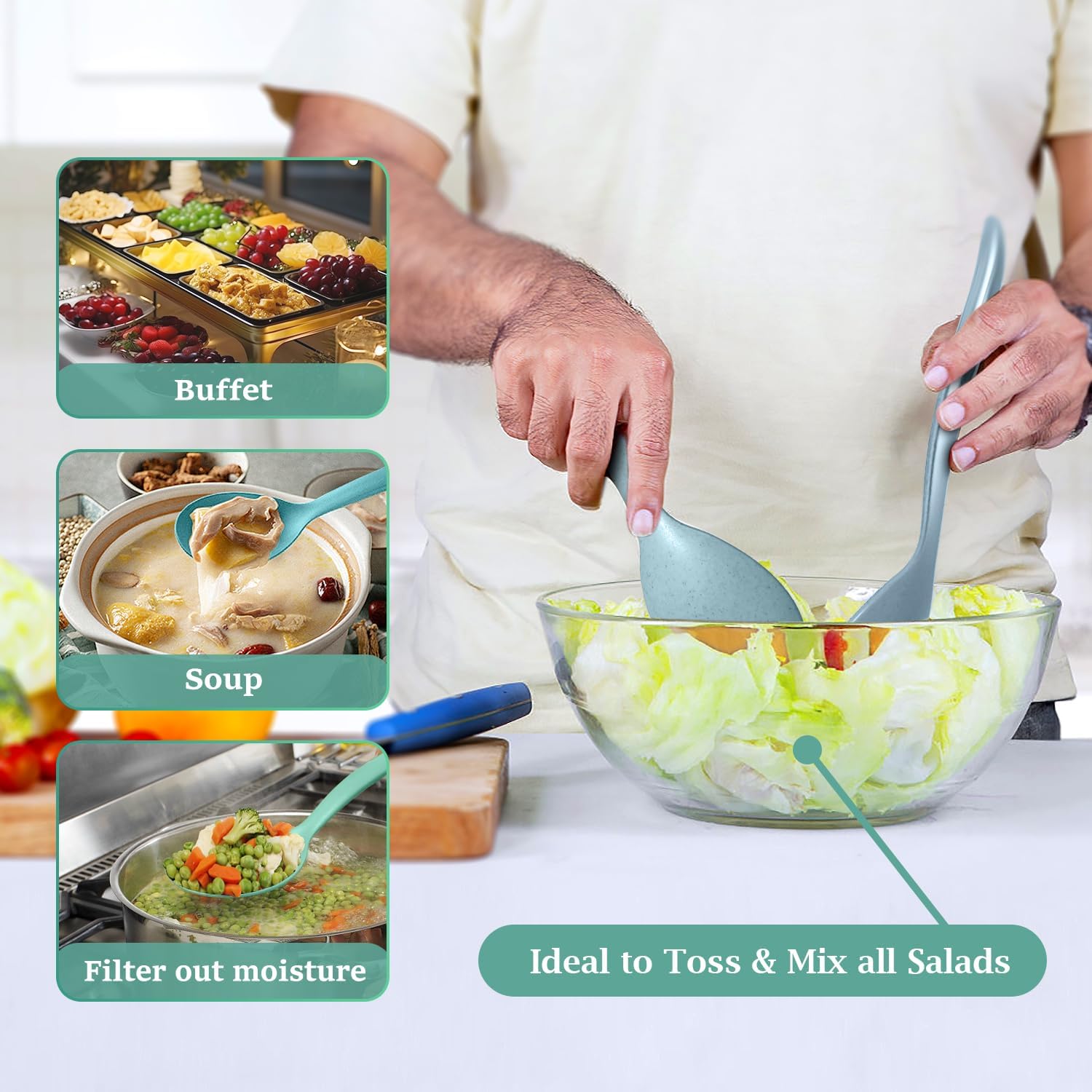 Reusable Plastic Serving Utensils Set of 12, Wheat straw Large Serving set 10" Serving Spoons/10" Slotted Spoons/9.4" Tongs, for Party Buffet Catering (Ocean, Not for Cooking) - Image 4