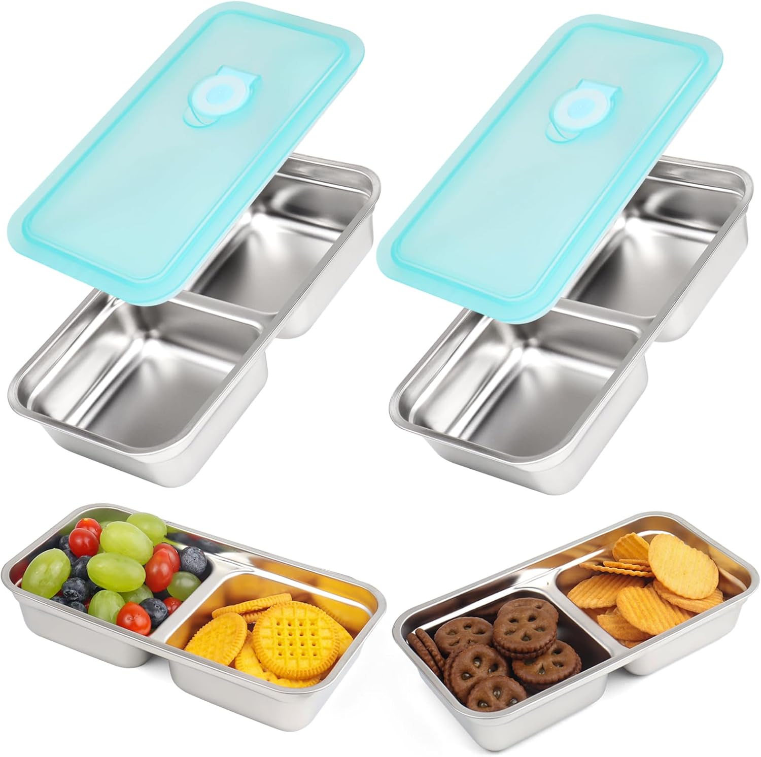 Stainless Steel Snack Containers, 2 Pack Grab and Go Snack Containers Reusable, Double Compartment Food Storage Containers with Lids for Travel and Outdoor Camping - Image 2