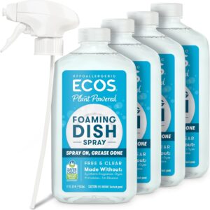 ECOS Foaming Dish Soap, Powerful Spray-On Formula, Saves Water, Wipe & Rinse Dish Cleaner – Hypoallergenic – Free & Clear, 17 Fl Oz (Pack of 4)
