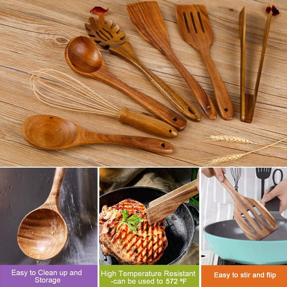 Wooden Utensil for Cooking, Wood Kitchen Utensils Cooking Set Teak Wood Spoons set for Cooking,Spatulas Non-Stick for Cookware Kitchen Spoon (7) - Image 4