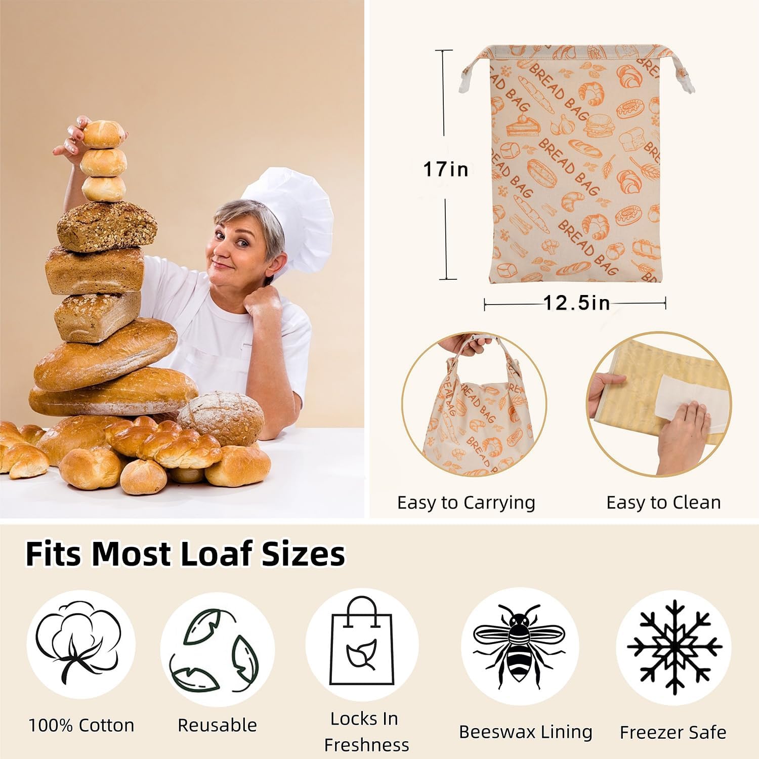 Beeswax Bread Bags for Homemade Bread,Reusable Beeswax Bags for Sourdough,Cotton Linen Food Storage Bag to Keep Fresh - Extra Large 2 Pack - Image 5