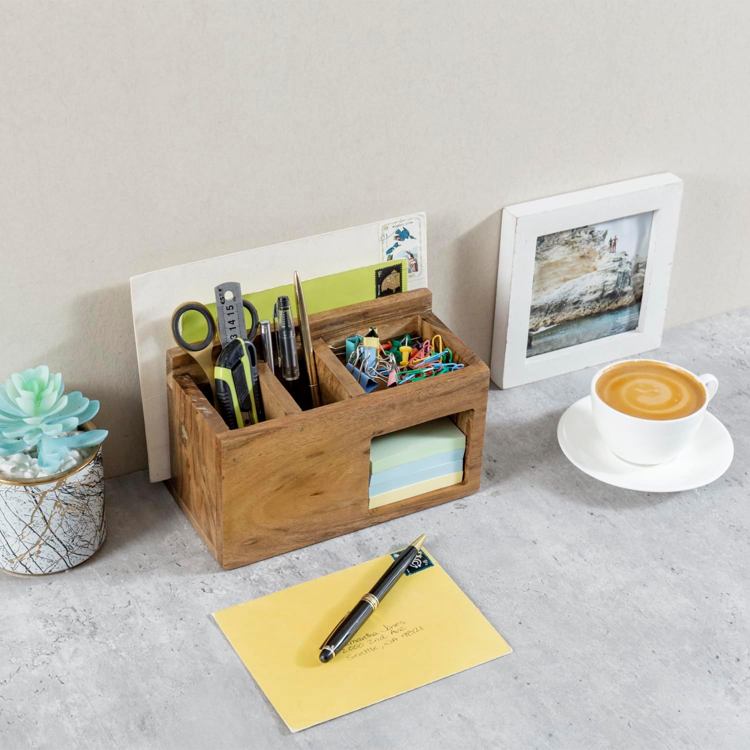 MyGift Rustic Solid Acacia Wood Office Desktop Stationery Organizer, Desk Caddy with Mail Slot, 2 Pen Holders, Sticky Note Storage, and Supplies Tray - Handcrafted in India - Image 5