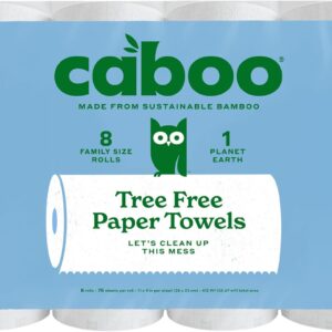 Caboo Tree Free Paper Towels, 8 Rolls, Earth Friendly Sustainable Kitchen Paper Towels with Strong 2 Ply