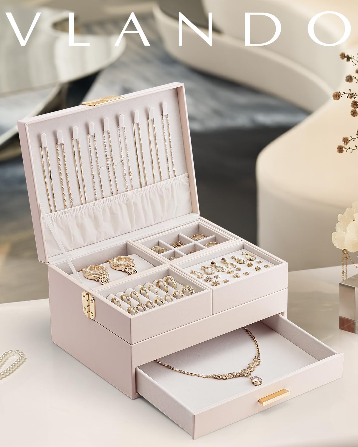 Vlando 3 Layer Jewelry Box - Women Jewelry Box with Retractable Tray - Jewelry Organizers with Drawer for Necklaces, Rings, Bracelets, Earrings, Gift for Couples Mom Girls - Pink - Image 7