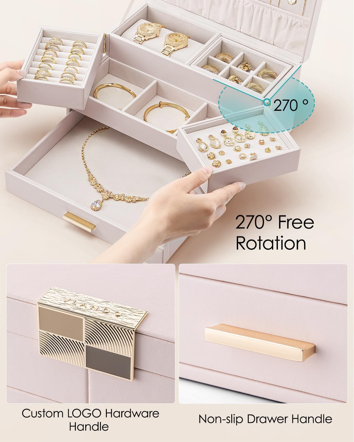 Vlando 3 Layer Jewelry Box - Women Jewelry Box with Retractable Tray - Jewelry Organizers with Drawer for Necklaces, Rings, Bracelets, Earrings, Gift for Couples Mom Girls - Pink - Image 5