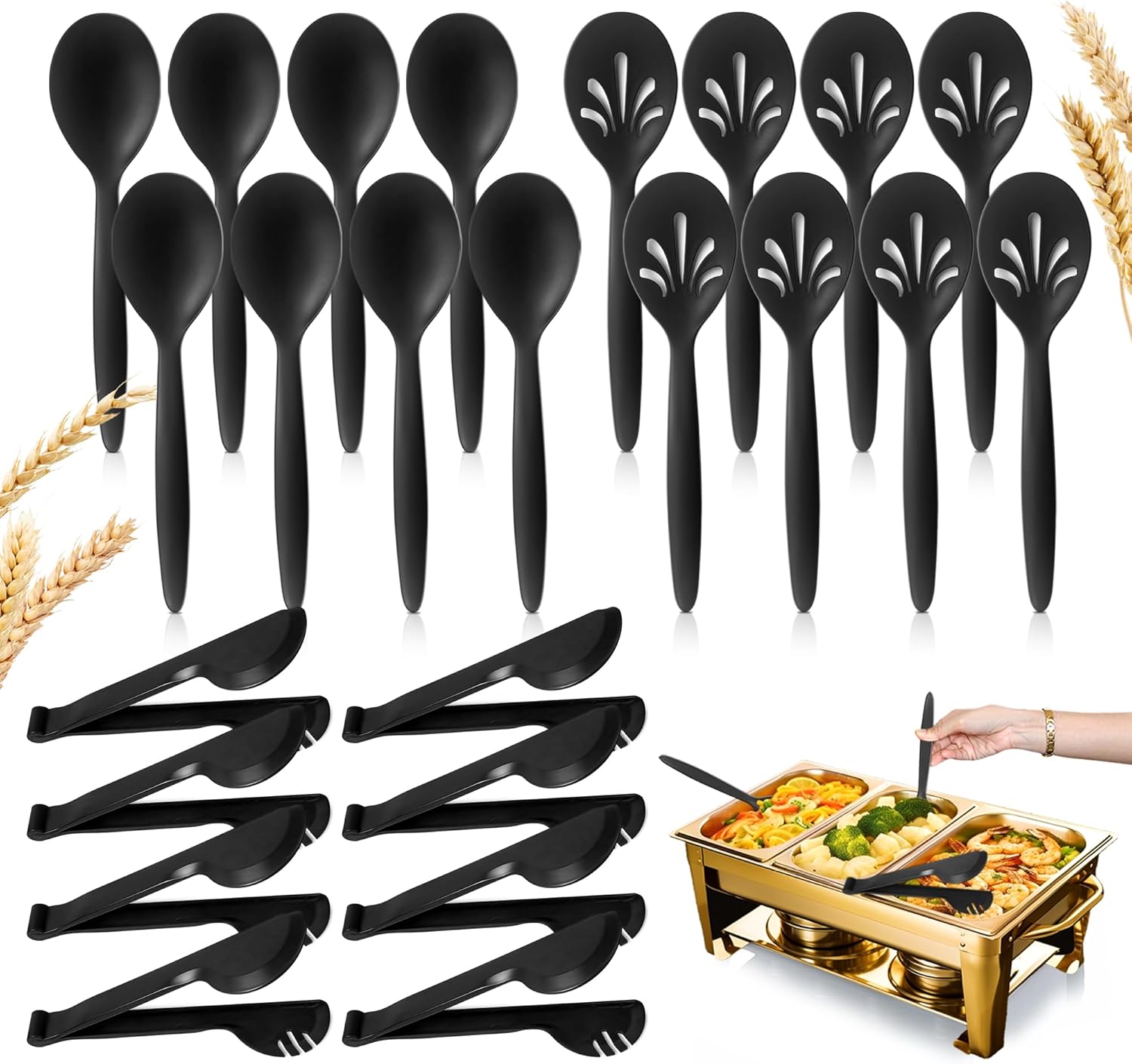 Reusable Plastic Serving Utensils Set of 24, Wheat straw Large Serving set 10" Serving Spoons/10" Slotted Spoons/9.4" Tongs, for Party Chafing Dish Buffet Catering (Black, Not for Cooking) - Image 2