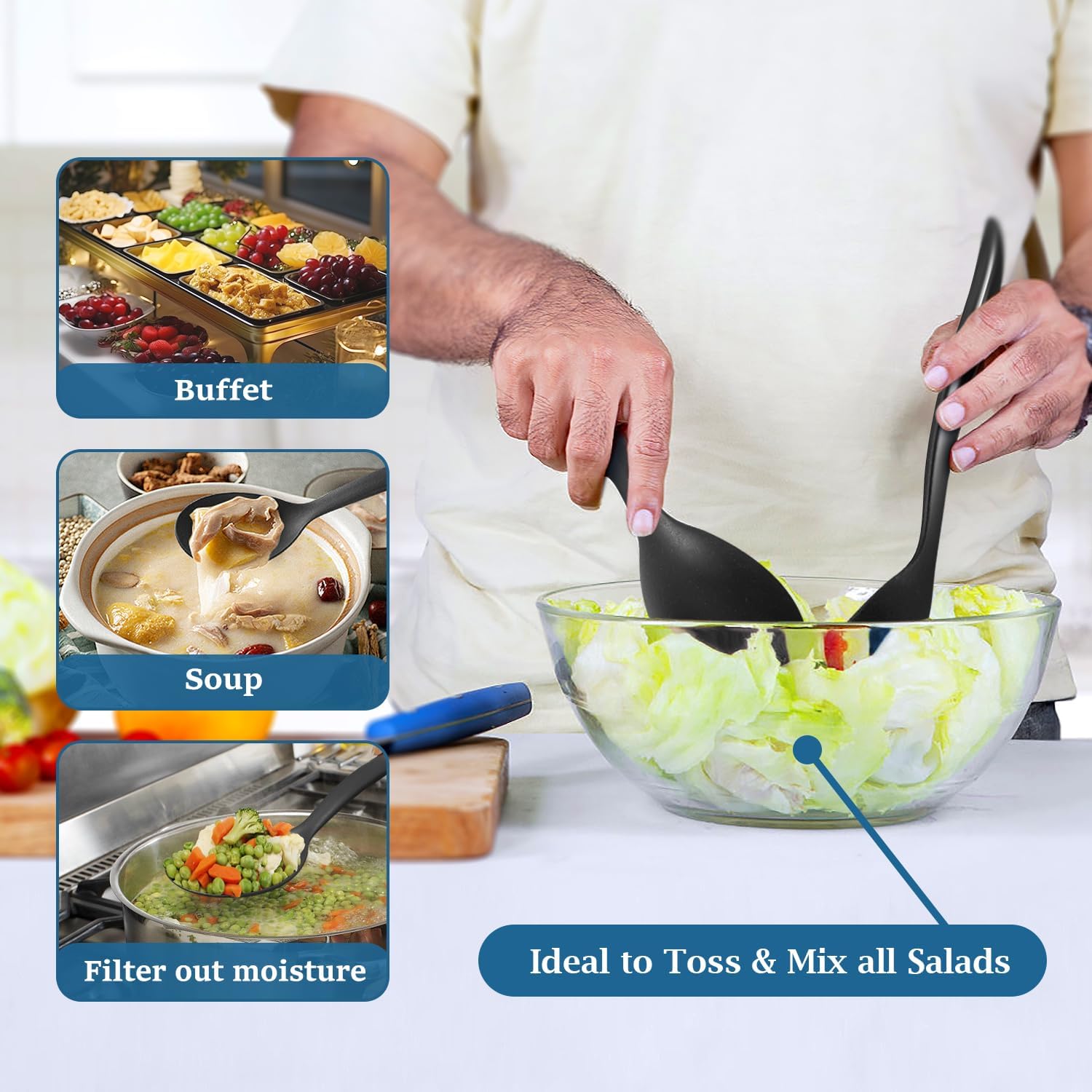 Reusable Plastic Serving Utensils Set of 24, Wheat straw Large Serving set 10" Serving Spoons/10" Slotted Spoons/9.4" Tongs, for Party Chafing Dish Buffet Catering (Black, Not for Cooking) - Image 4