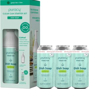 Puracy Dish Soap Clean Can Bundle – Starter Set and 3 Pack Refill, Non-Toxic Dish Soap Plant-Powered Dishwashing Soap, Natural Dish Soap Liquid – Green Tea & Lime