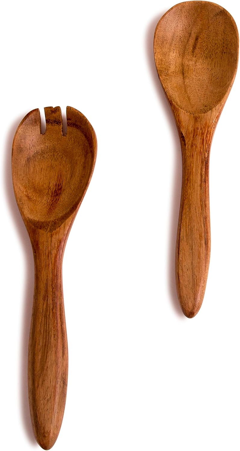 6 Inch Acacia Wood Salad Server Set Wooden Mixing Tongs Dinner Fork & Spoon Serving Utensils For Tossing Salad Handmade Cookware Salad Cooking Utensils & Accessories For Kitchen, Natural Brown - Image 9