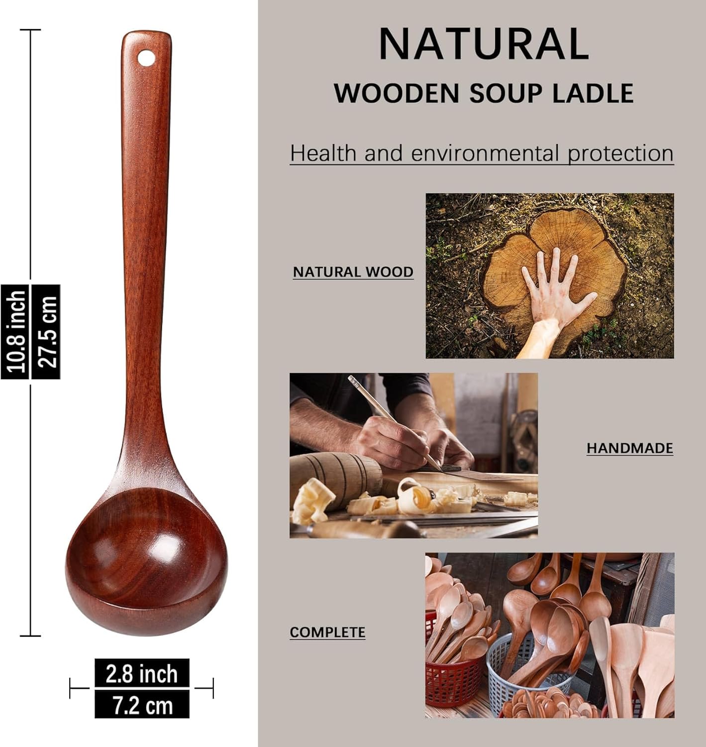 Wooden Soup Ladle, 10.8" Handle, 1.6 fl oz Medium Scoop Utensil for Serving & Cooking, Red Wooden Ladle – Wood Spoon for Soup Natural and Sustainable - Image 3