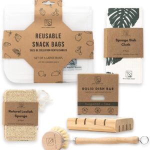 Ultimate Dish Washing Bundle | Eco-Friendly Gift | Solid Dish Soap Bar, Cedar Soap Tray, Wood Dish Brush, Bamboo Pot Brush, Swedish Dishcloths & Loofah Sponge | 9 pc. Set
