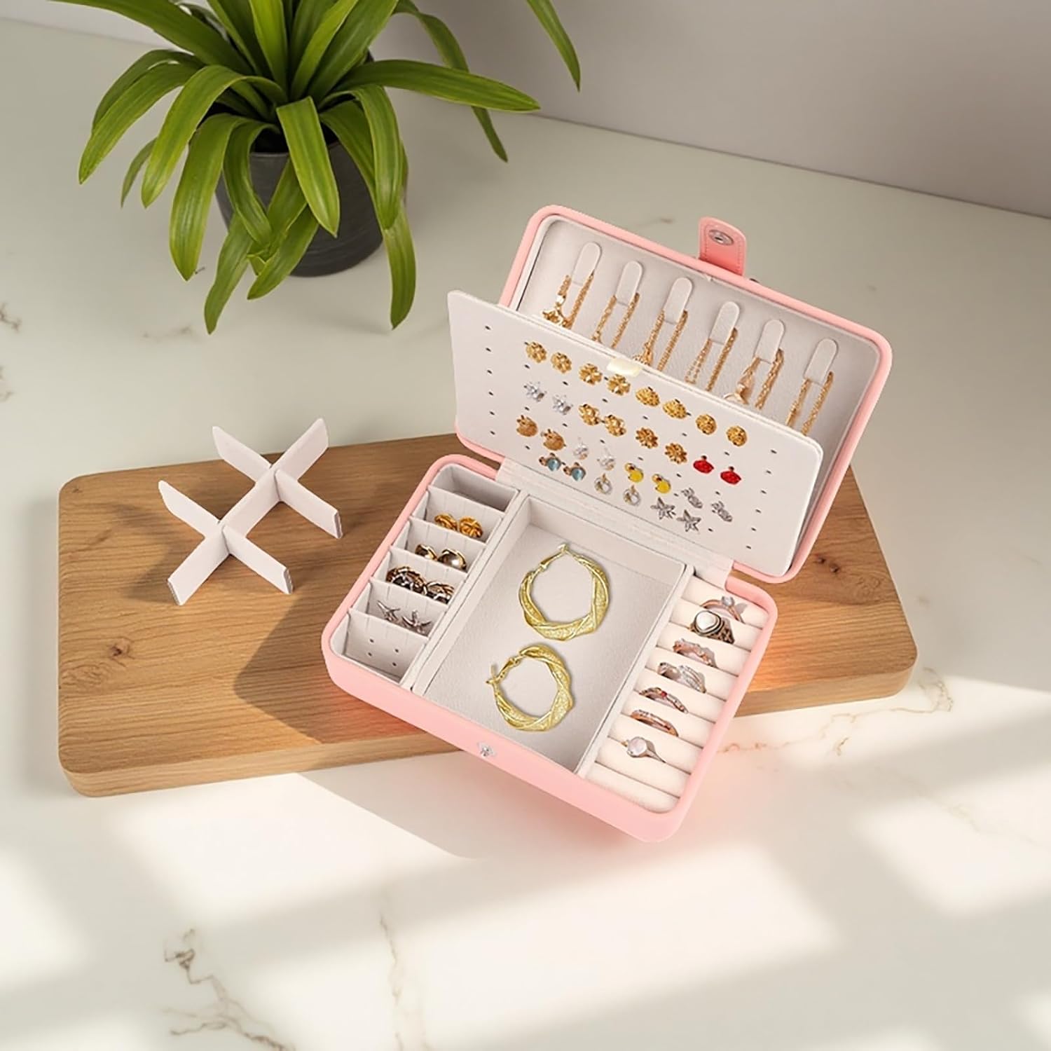 Travel Jewelry Box for Women - Pink PU Leather Portable Travel Jewelry Case with Earring Holder & Multi-Layer Organizer, Stylish Small Jewelry Storage Gift for Girls on The Go - Image 5