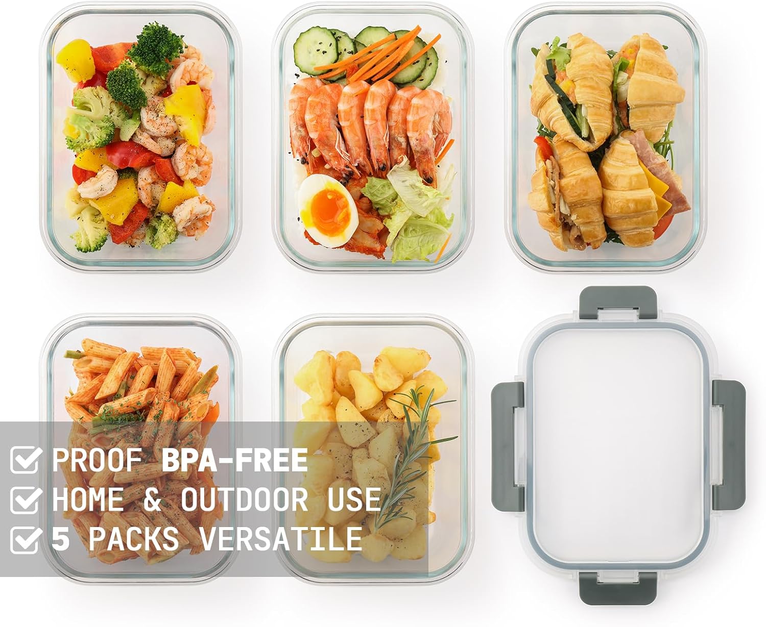 5 Pack 36 Oz Glass Meal Prep Containers with Lids, Reusable Glass Food Storage Airtight Lunch Containers with Lids, Leak Proof, Microwave, Oven, Freezer and Dishwasher Safe (Gray) - Image 3